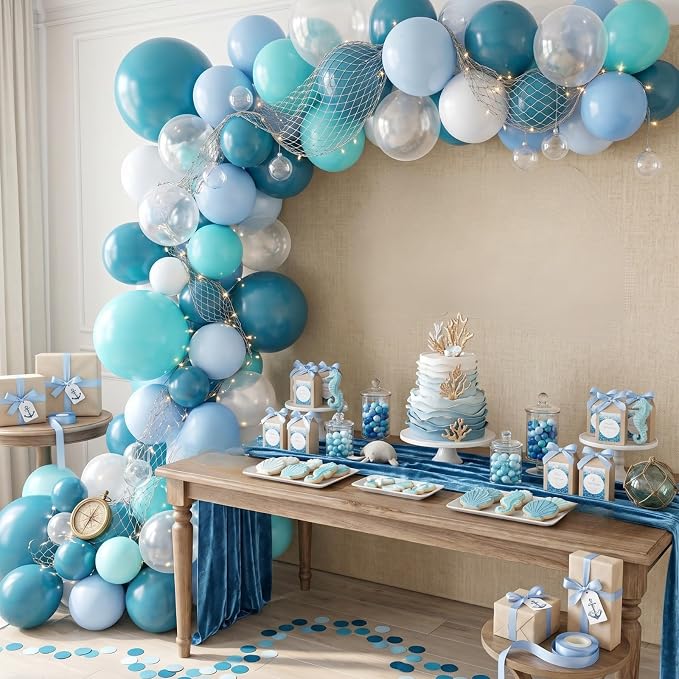 Blue Teal Ocean Balloons, Macaron Light Baby Sea Blue Teal Transparent Balloons - Image 6
