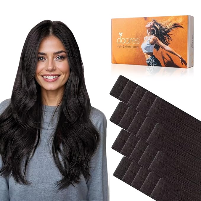 DOORES Invisi Edge Tape in Hair Extensions Real Human Hair, Natural Black 10 Injection Tape-ins with 10 Injection Tape-ins 50g 14 Inch, Injected Tape in Extensions Straight Thick Ends
