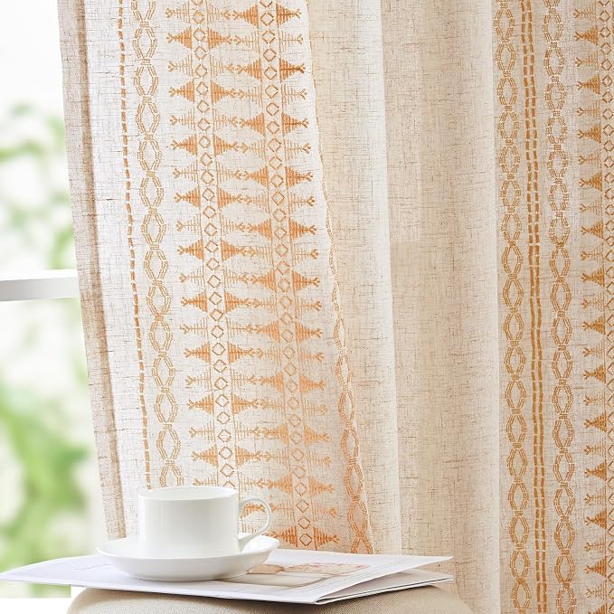 jinchan Boho Curtains Embroidered Linen Blend Window Curtains by JINCHAN