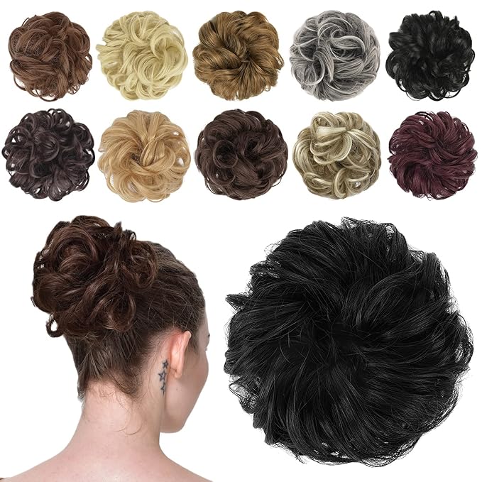 FESHFEN Messy Bun Hair Piece - Elastic Wavy Curly Hair Bun Scrunchies Extensions Synthetic Chignon Hairpieces for Women Girls, Natural Black 1.5 oz