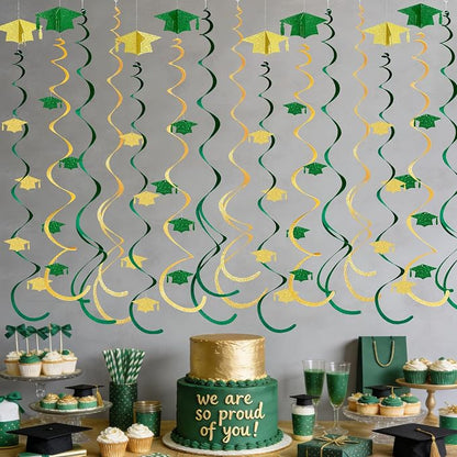 24Pcs Green Gold Graduation Grad Cap Hanging Felt Swirl Streamer Spiral Ceiling - Image 4