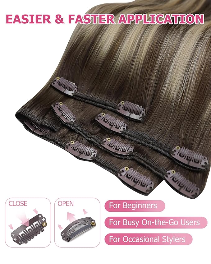 YoungSee 150G Clip in Hair Extensions Real Human Hair Brown Balayage Clip in Human Hair Extensions Chocolate Brown with Ash Blonde Balayage Clip ins Real Hair Extension Easy to Install 22inch 7pcs