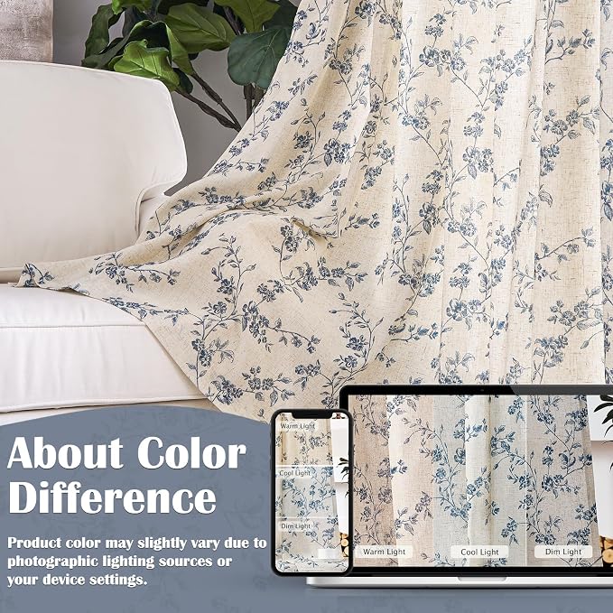 Blue Vintage Floral Linen Curtains Farmhouse 50W X 63L 2 Panels | Elisa Series - Image 6