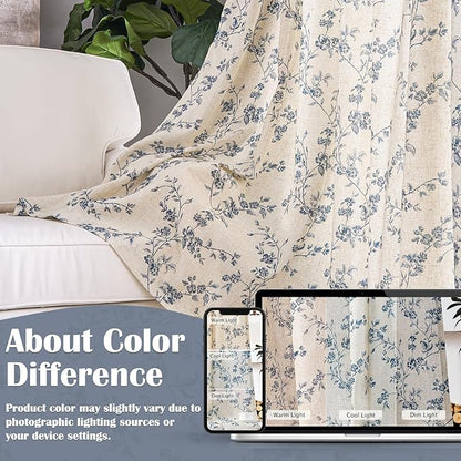 Blue Vintage Floral Linen Curtains Farmhouse 38W X 84L 2 Panels | Elisa Series - Image 6