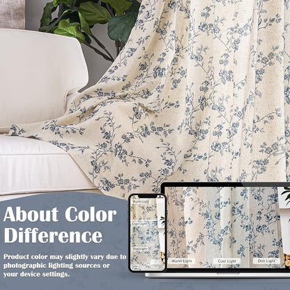 Extra Long Blue Vintage Floral Linen Curtains Farmhouse 2 Panels | Elisa - Image 6