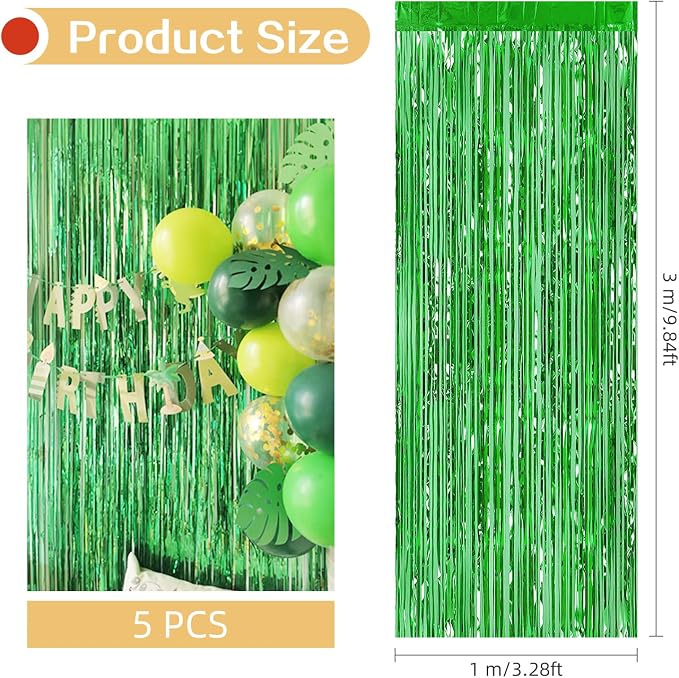 5 Pack Green Foil Curtain Backdrop 3.2ft x 9.8ft Metallic Tinsel Foil Fringe - Image 3