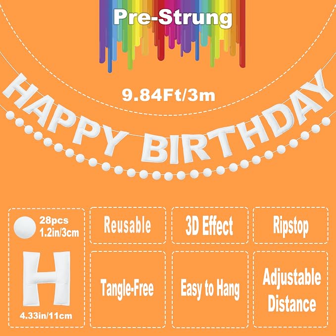 Pre-Strung 3D Felt Happy Birthday Banner, Max span 10ft, NO DIY, Includes Pom - Image 3