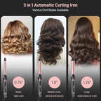 Rotating Curling Iron - 3 in1 Automatic Curling Irons with Interchangeable CurlingWand, 3/4, 1 1/4, 1 Inch for Lasting Beach Waves, Adjustable Temp, Instant Heat, Dual Voltage (Rose Gold)