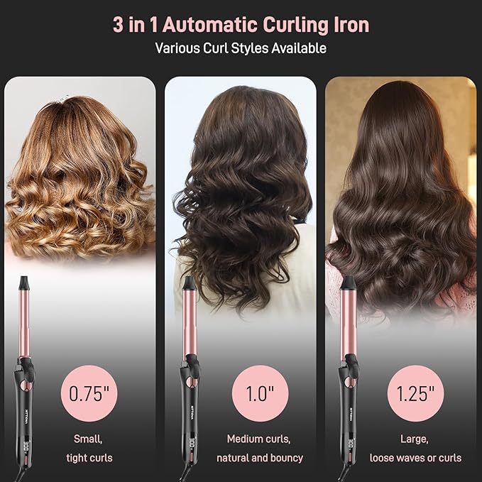 Rotating Curling Iron - 3 in1 Automatic Curling Irons with Interchangeable CurlingWand, 3/4, 1 1/4, 1 Inch for Lasting Beach Waves, Adjustable Temp, Instant Heat, Dual Voltage (Rose Gold)