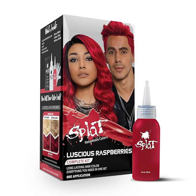 Splat Luscious Raspberries Semi Permanent Hair Dye Kit with Bleach, 1 Application, Includes Red Hair Dye, Oxide & Bleach Powder, Vegan & Cruelty Free Hair Color