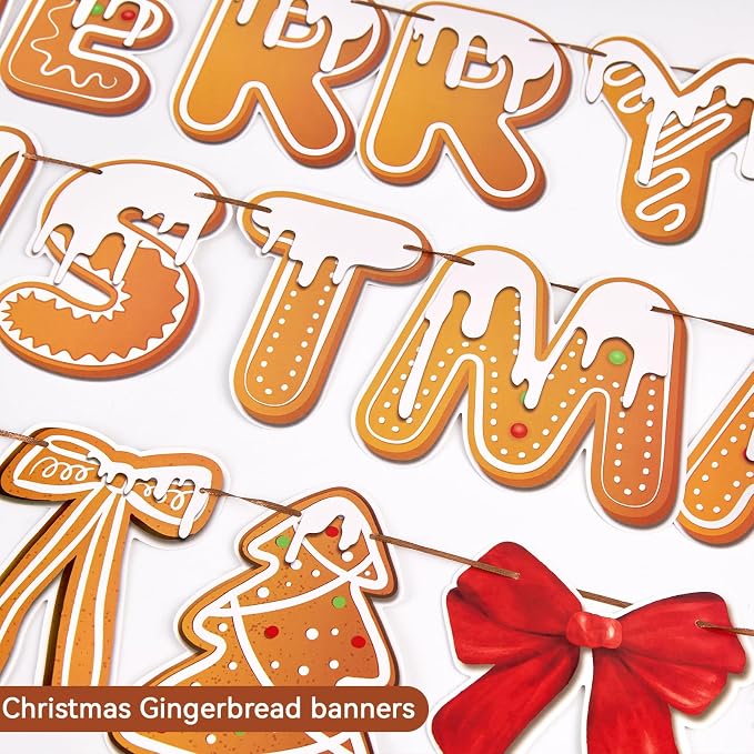 Merry Christmas Banners Gingerbread Theme, Pre-Strung Xmas Party Decorations - Image 3