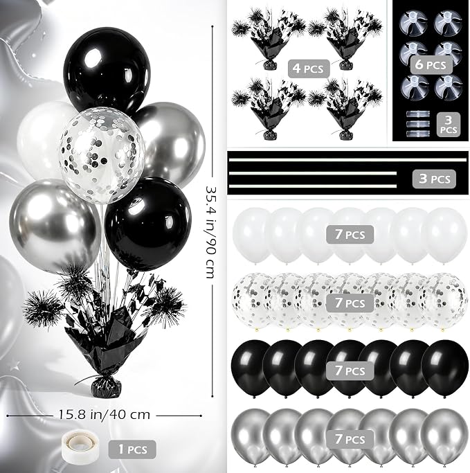 4 Set Black Silver Balloon Centerpieces - Image 3