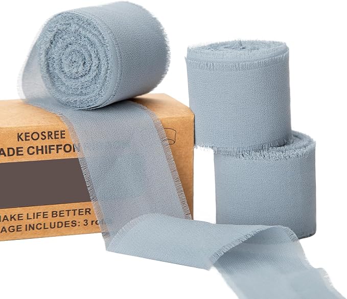 KEOSREE 3 Rolls Dusty Blue Handmade Chiffon Ribbon, 1.5" x 21Yd Frayed Fringe by KEOSREE