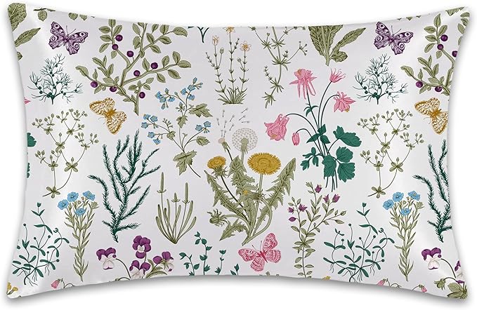 Leaves Herbs and Wildflowers Satin Pillow Case Queen Size,Soft Pillowcases for Hair and Skin Similar to Silk,Pillowcases with Hidden Zipper Bedding Accessories,20X30 Inches,1 Pack