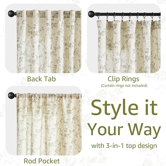 jinchan Green Floral Linen Curtains 96 Inch Flower Drapes Back Tab 2 Panels | - Image 6
