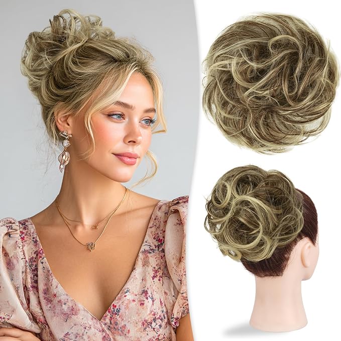 RUWISS Large Messy Bun Hair Piece 100% Human Hair Layered Wavy Curly Hair Buns Hair Piece for Women Updo Hairpiece for Daily Wear Real Hair Scrunchies Ponytail Extension (Brown Mixed Light Blond)