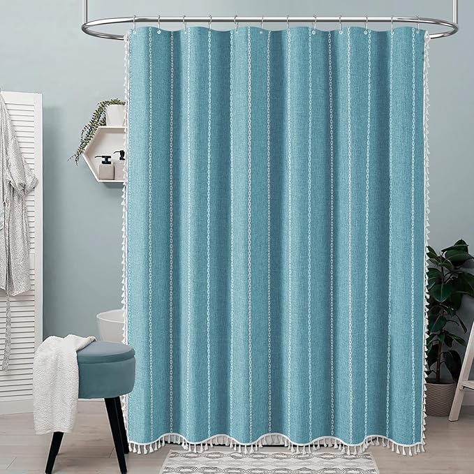 72x84 Long Boho Farmhouse Linen Heavy Duty Cloth Shower Curtain, Teal | Tall - Image 6