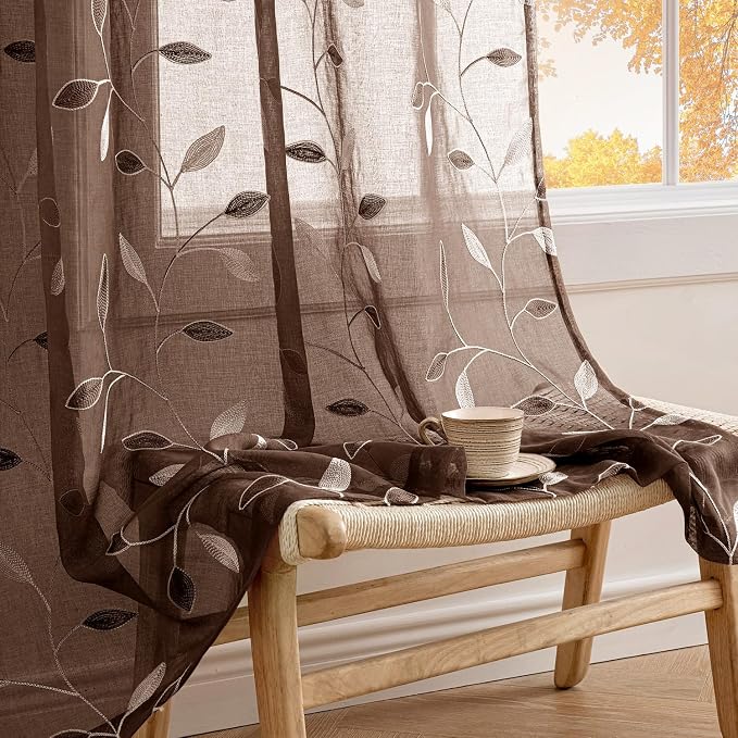 MIULEE Chocolate Brown Sheer Curtains 2 Panels Leaf Patterned, W52 x L84 | by MIULEE