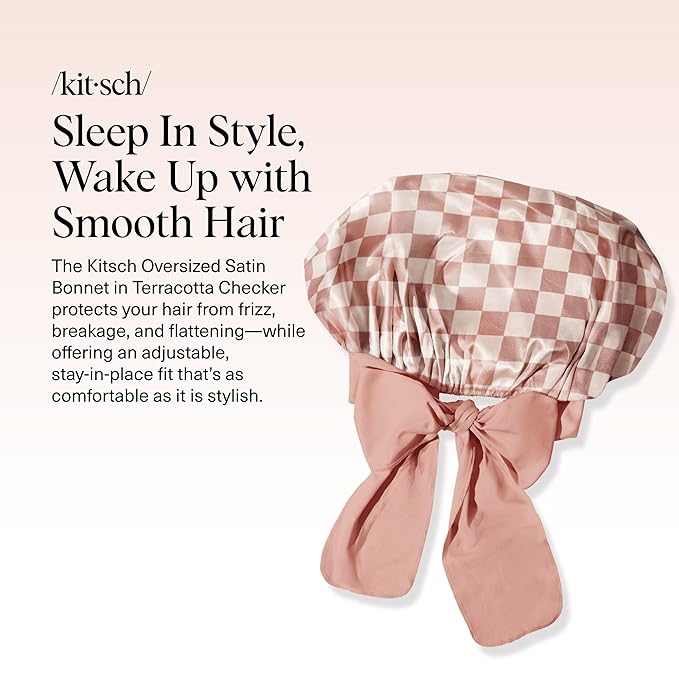 Kitsch XL Satin Bonnet for Sleeping - Softer Than Silk Hair Bonnet For Women - Secure Fit, Adjustable Night Cap For Curly & Textured Hair - Prevents Breakage, Tangles & Thinning - Terracotta Checker