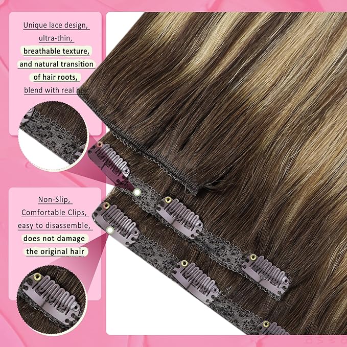 YoungSee Clip in Hair Extensions Real Human Hair Balayage Brown Hair Extensions Clip ins Balayage Chocolate Brown Mix Caramel Blonde Clip on Hair Extension Human Hair Silky Straight 120G 18Inch