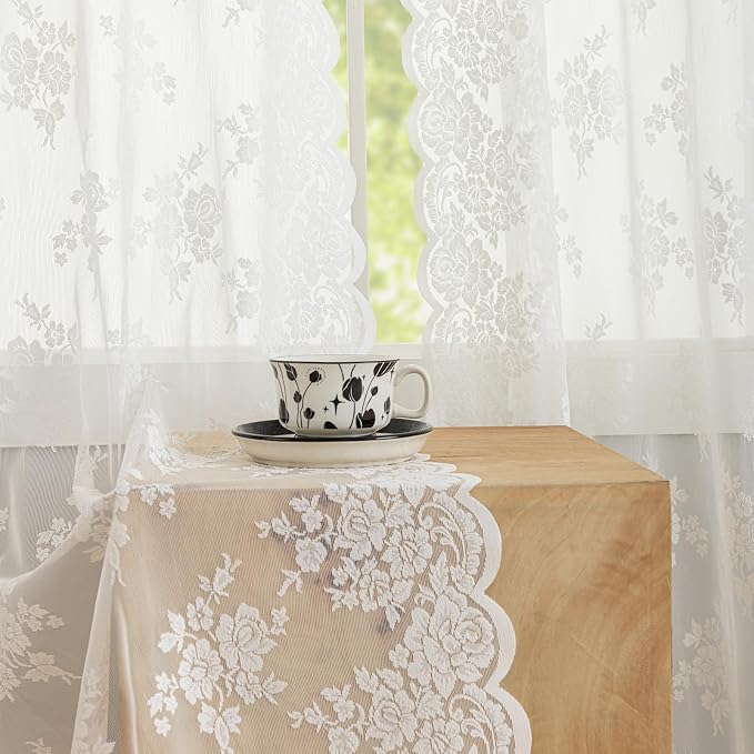 Kotile Ivory Lace Curtains for Living Room Rustic Floral 2 * 52x108 Inch | Rod - Image 4