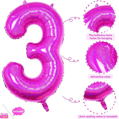 Hot Pink 3 Balloon, 40 Inch Large Laser Hot Pink Foil Helium Number Balloons 0-9 - Image 3