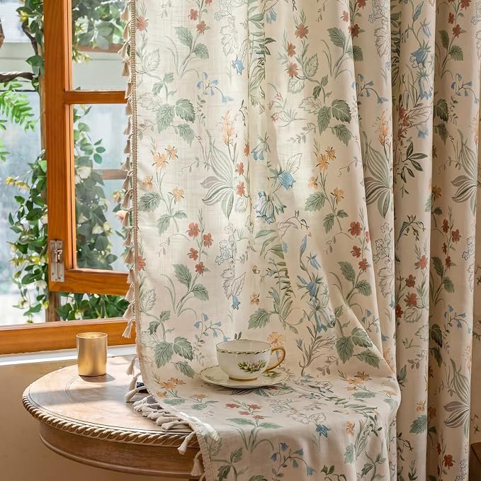 Bedroom Floral Rod Pocket Semi Sheer 96 Inch Curtains 2 Panel Set | Living Room - Image 6