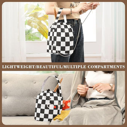 Checkered Black Yarn Bag Small Crochet Bag Drawstring Yarn Storage Organizer - Image 5