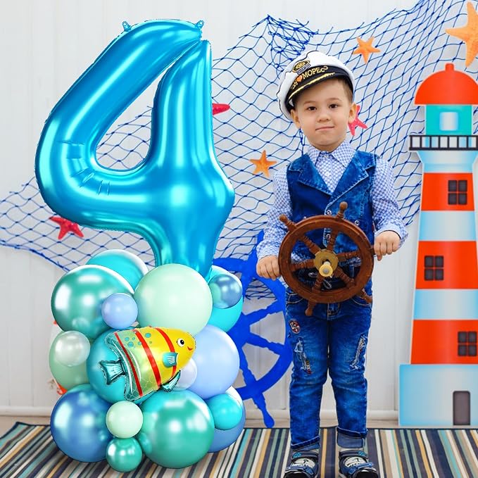 40 Inch Number 4 Balloon Blue Ocean Under the Sea Number Four Foil Balloons - Image 3
