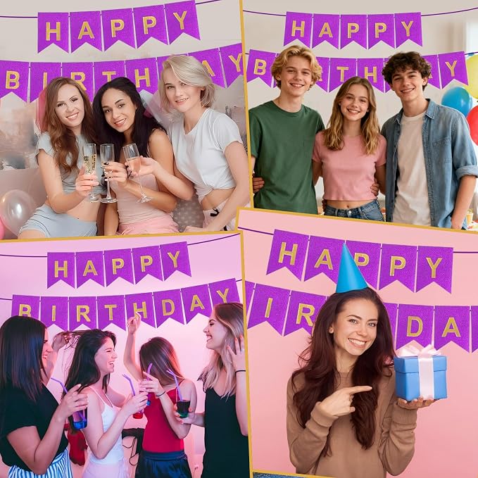 Purple Happy Birthday Banner - 16 ft Pre-Strung Gold Purple Birthday Party - Image 6