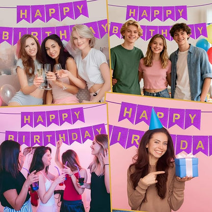 Purple Happy Birthday Banner - 16 ft Pre-Strung Gold Purple Birthday Party - Image 6