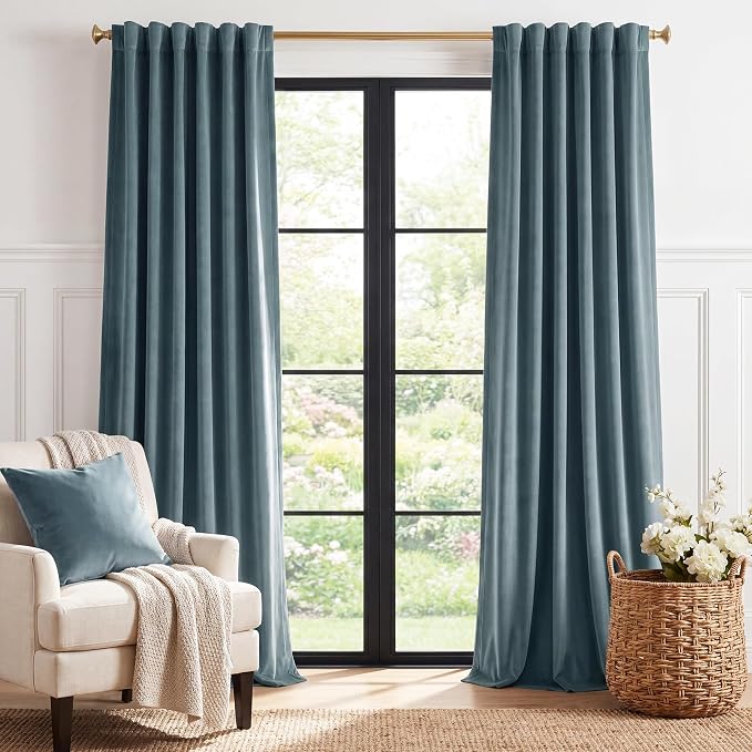 Dark Slate Velvet Curtains for Living Room, W52 x L96 inches, Back Tab Window by StangH