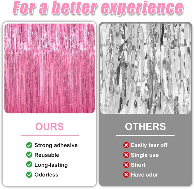 Crosize 4 Pack Pink Party Streamers Backdrop, 3.3 x 9.9 ft | Tinsel Foil Fringe - Image 3