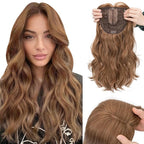 Hairro 18 Inch Long Hair Toppers Wavy with Side Bangs for Women, Clips In Synthetic Hairpieces Capless, for Adding Volume/Birthday/Party/Halloween/Cosplay Dress Up, Light Brown Mix Blonde