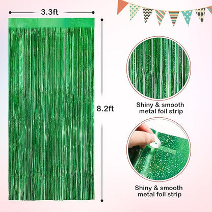 Green Metallic Tinsel Foil Fringe Curtains, 2 Pack 3.3x8.3 Feet Party Streamer - Image 2
