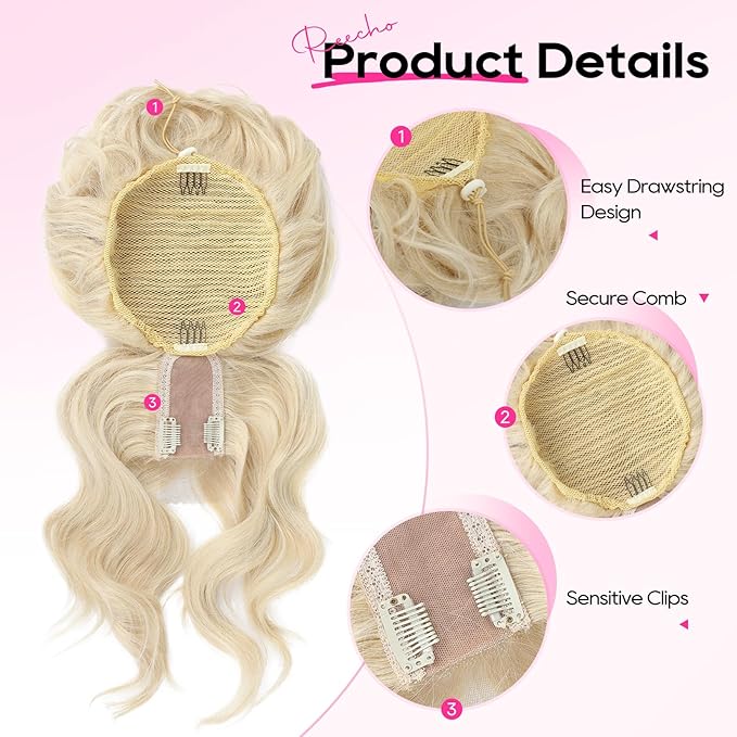 REECHO Messy Bun Hair Piece with Bangs – 2-in-1 Drawstring Ponytail Extension Updo Wig & Hair Topper with Long Side Bangs, Natural-Looking Hair Bun Hairpieces for Women - Natural Blonde
