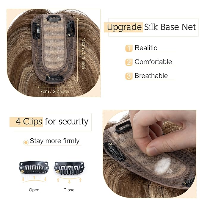 SEGO Human Hair Toppers for Women With Thinning Hair, 7 * 13CM Silk Base 100% Real Human Hair Clip in Top Wiglet Hairpieces -10 Inch No Bangs 4P27 Medium Brown&Dark Blonde