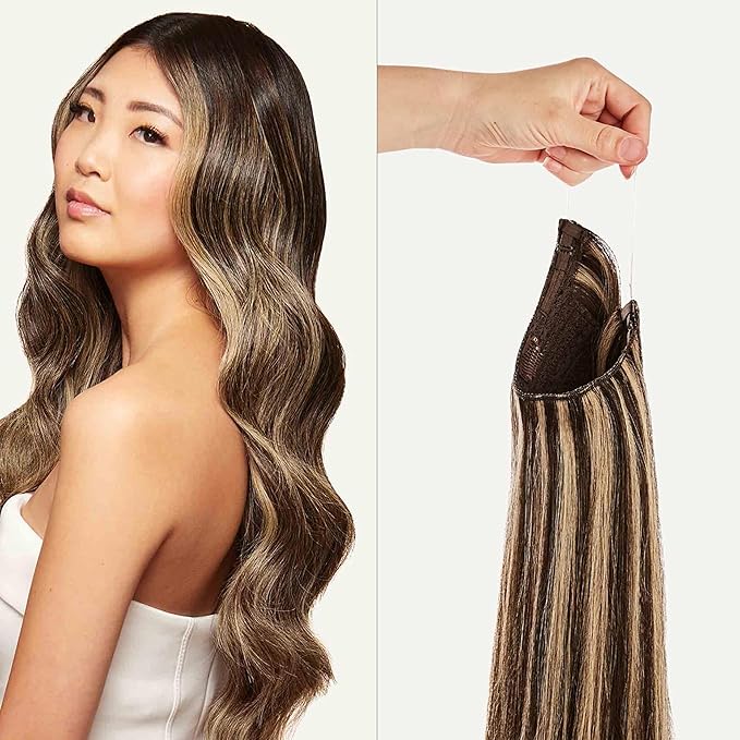 Luxy 100% Remy Human Hair – Halo Clip-In Hair Extensions –Natural Looking Volume & Length - One-Piece - Easy 5-Min Application 140 grams 16" Mocha Brown Highlights