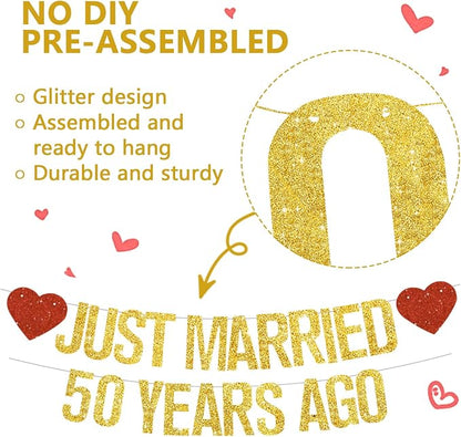 Gold Glitter Just Married 50 Years Ago Banner, NO DIY, Pre-Strung 50th Wedding - Image 2