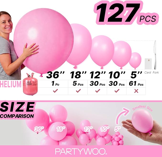PartyWoo Pink Balloons 127pcs Matte Pink Color 36 18 12 10 5 Inch | 36 18 12 10 - Image 6