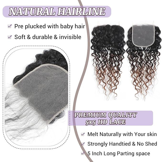 T1B/2/30 Ombre Water Wave Lace Closure 5x5 100% Real Human Hair 16 Inch Chestnut Brown Ombre Water Wave Transparent Lace Closure