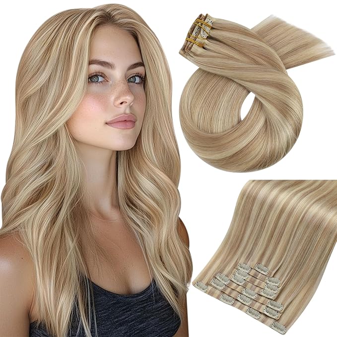 Moresoo Seamless Human Hair Clip in Extensions Blonde Highlights Real Human Hair Extensions Clip ins Remy Dark Honey Blonde with Medium Blond Invisible Pu Skin 120g/7pcs 22 inch