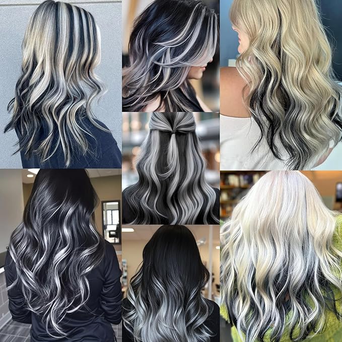 16 Pcs Colored Hair Extensions Curly Wavy Clip in Synthetic Hair Extensions,Colorful Party Highlights Hairpiece Streak for Girls Women Kids Christmas New Year Cosplay Favors Gift(Black)