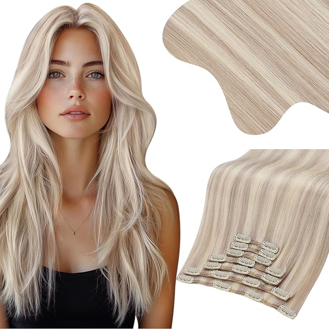 Moresoo Human Hair Clip in Extensions Blonde Highlights Clip ins Real Human Hair Ash Blonde with Bleach Blonde Remy 150g/7pcs 22 inch