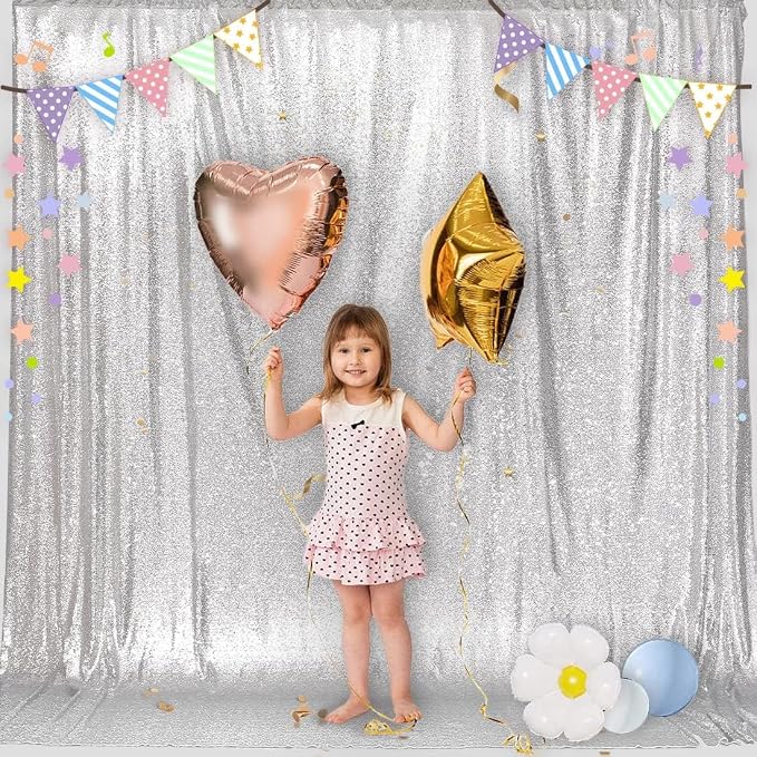 PartyDelight Silver Sequin Backdrop 6x6ft Sparkly Photo Curtain | 4 Inch Rod - Image 7