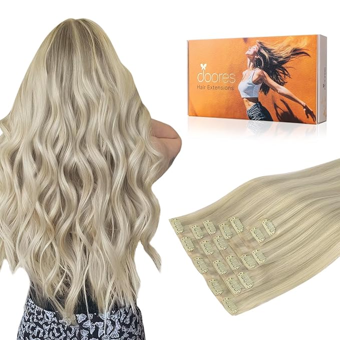 DOORES Clip in Hair Extensions - Real Human Hair, Ash Blonde Highlighted Platinum Blonde, 110g 7pcs 16 Inch, Invisi Edge Seamless Straight Natural Extensions