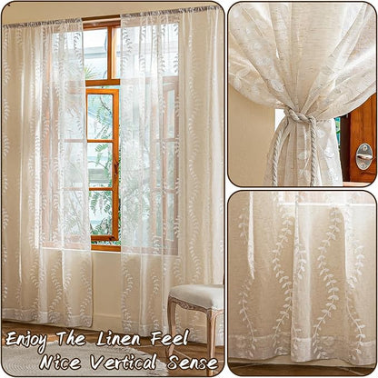 2 Panels Linen Leaf String Floral Embroidered Semi Sheer Curtain Farmhouse - Image 3