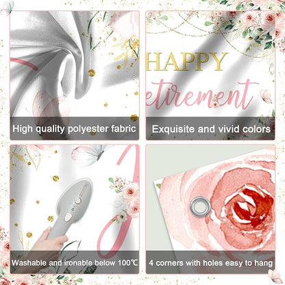Mocsicka Happy Retirement Backdrop Pink Floral Retirement Banner - Image 3