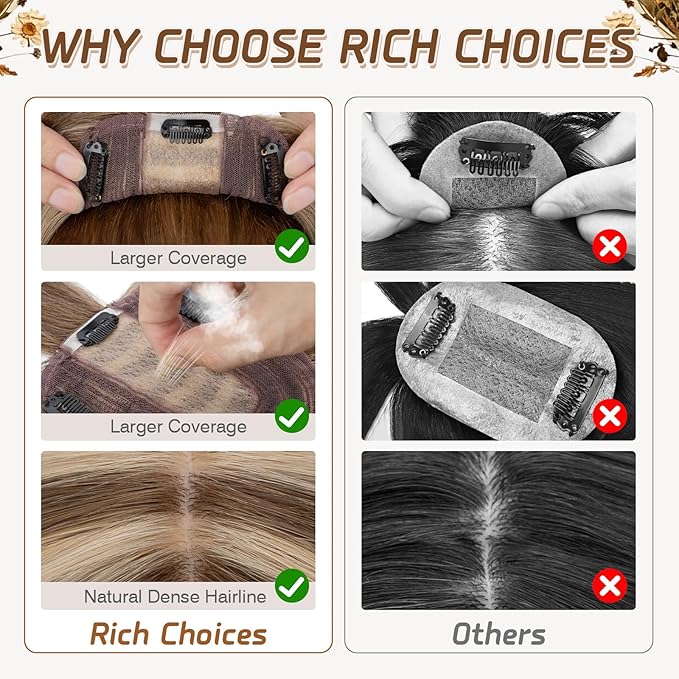 Rich Choices Real Human Hair Toppers for Women With Bang 100% Remy Human Hair Topper for Thinning Hair Clip in Silk Base Hair Topper 14 Inch #4P27 Medium Brown Mix Dark Blonde