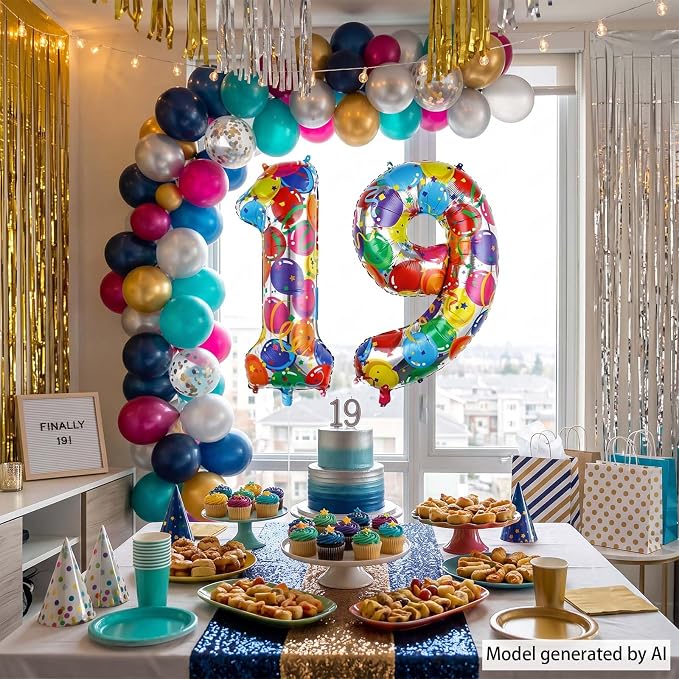 40 Inch Rainbow Balloon Number 19 Balloons, Foil 19th Birthday Decor | Jumbo - Image 7